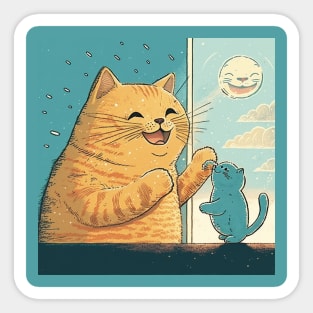 Lovely illustration of happy cat and kitty playing on the windowsill Sticker